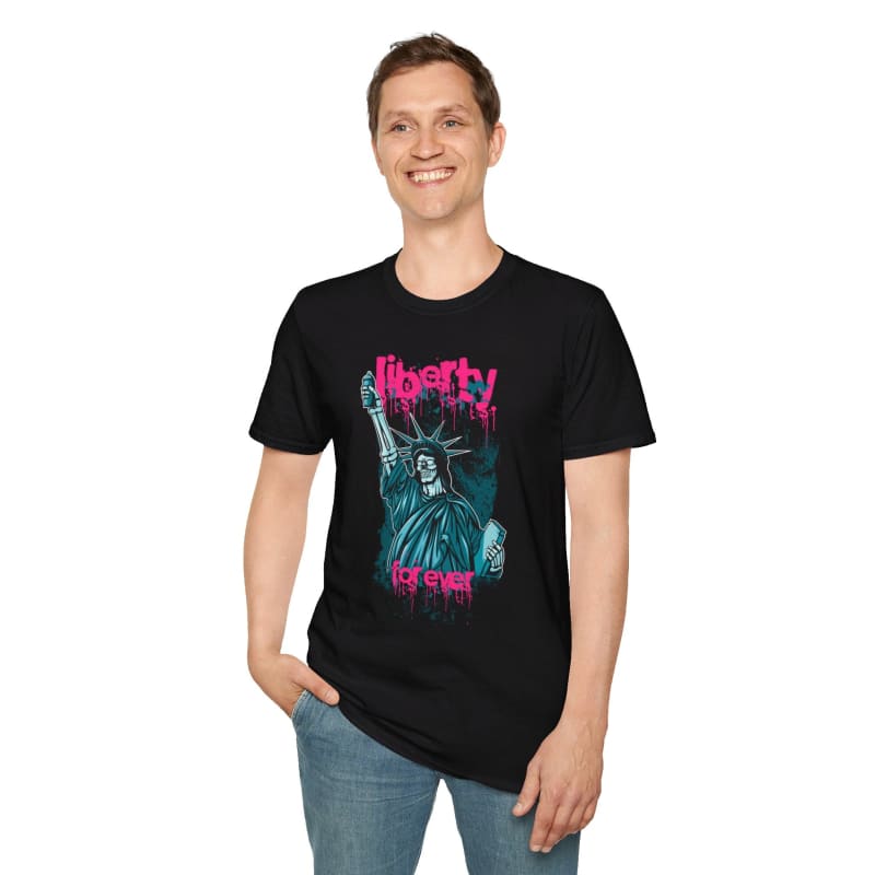 Black t-shirt featuring a colorful graphic of the Statue of Liberty with ’Liberty’ text.