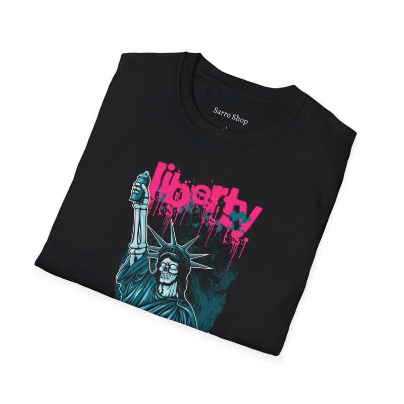 Black t-shirt featuring a stylized Statue of Liberty design with ’Liberty’ text in pink.