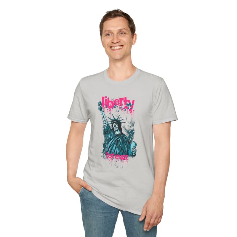 Gray t-shirt featuring a colorful graphic of the Statue of Liberty and the word ’Liberty’ in pink lettering.