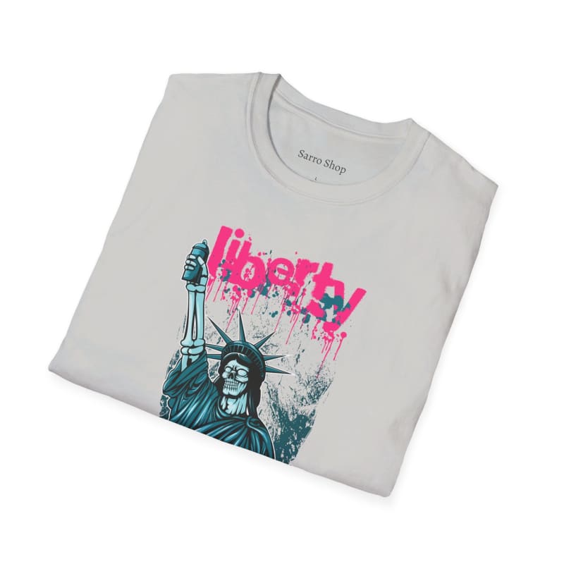 Light gray t-shirt featuring a graphic print of the Statue of Liberty with pink ’LIBERTY’ text.