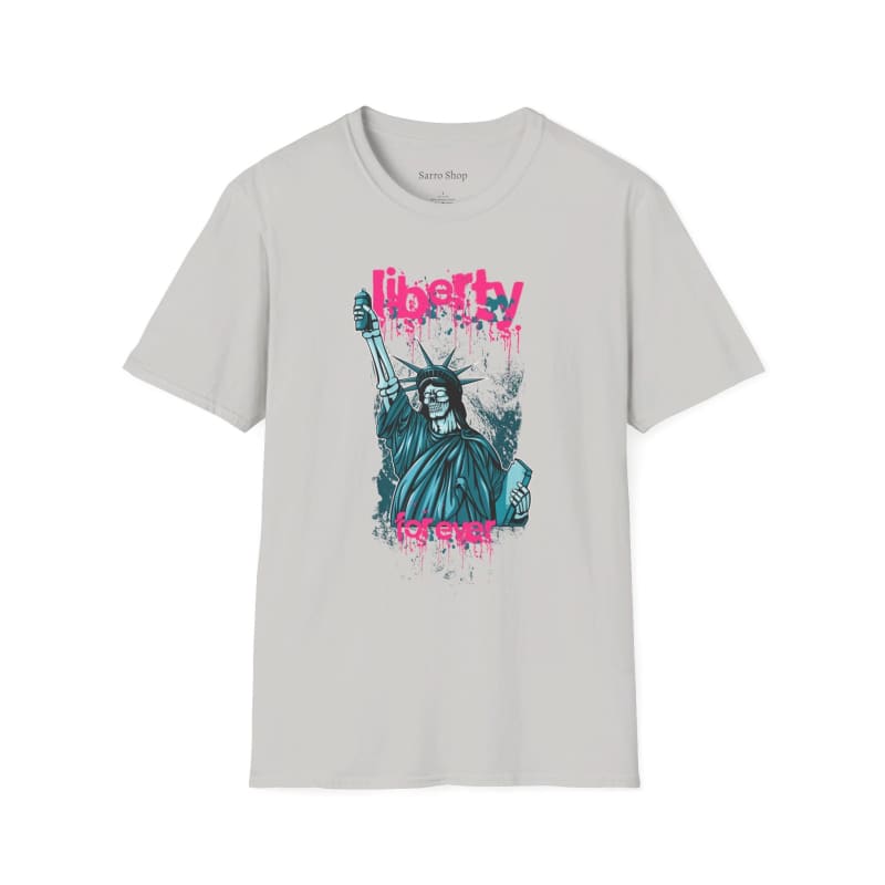 Light gray t-shirt featuring a colorful graphic of the Statue of Liberty with ’Liberty’ text.