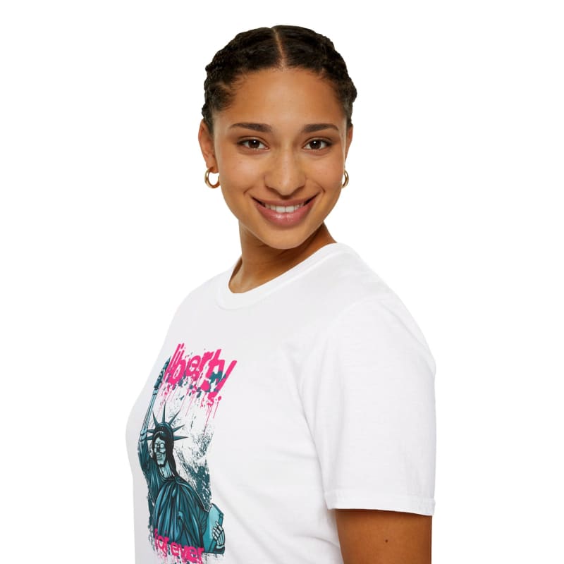 Smiling person wearing a white t-shirt with a colorful Statue of Liberty graphic.