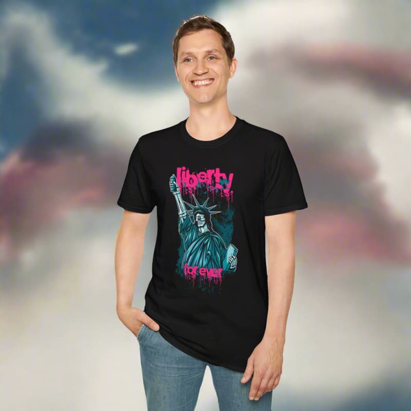 Person wearing a black t-shirt with a colorful Statue of Liberty design.