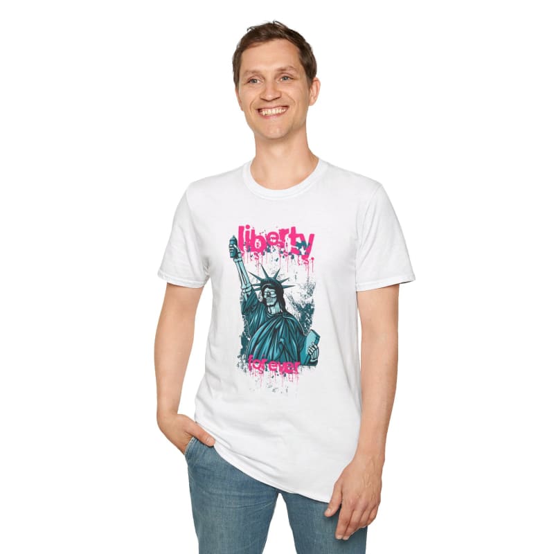 White t-shirt featuring a colorful graphic of the Statue of Liberty and the word ’Liberty’.