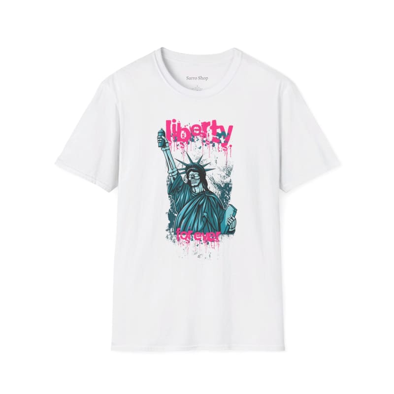 White t-shirt featuring a colorful graphic of the Statue of Liberty with ’Liberty’ text.