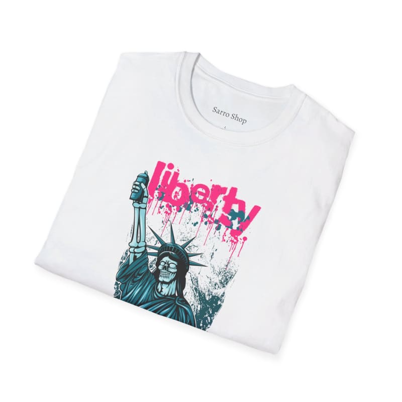 White t-shirt with a graphic print featuring the Statue of Liberty and pink text reading ’Liberty’.