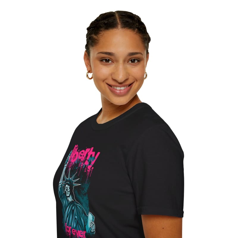 Smiling young woman wearing a black t-shirt with a colorful Statue of Liberty graphic.