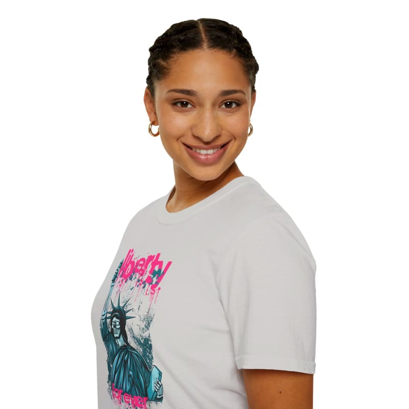 Smiling young woman wearing a white t-shirt with a colorful Statue of Liberty graphic.