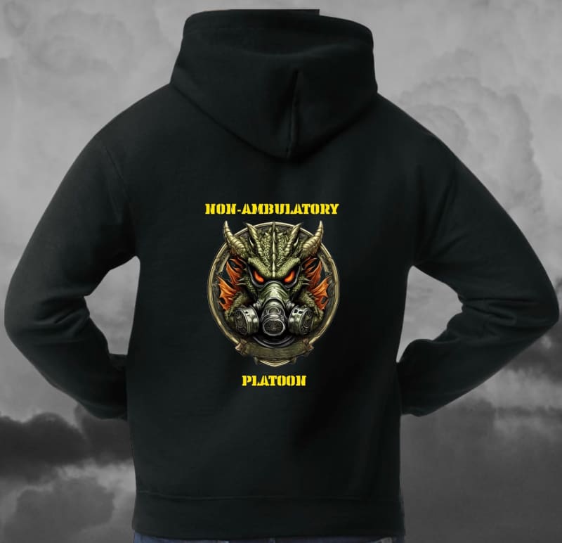 Black hoodie with a military-style emblem featuring a gas mask and the text ’NON-AMBULATORY PLATOON’ on the back.