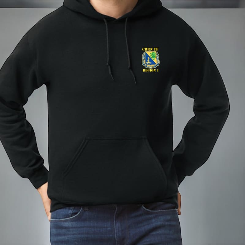 Black hoodie with a military-style emblem on the chest.