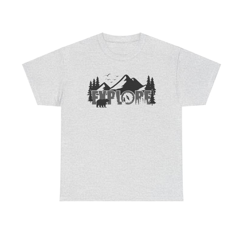 White t-shirt featuring a black mountain landscape design with trees and a bear silhouette.