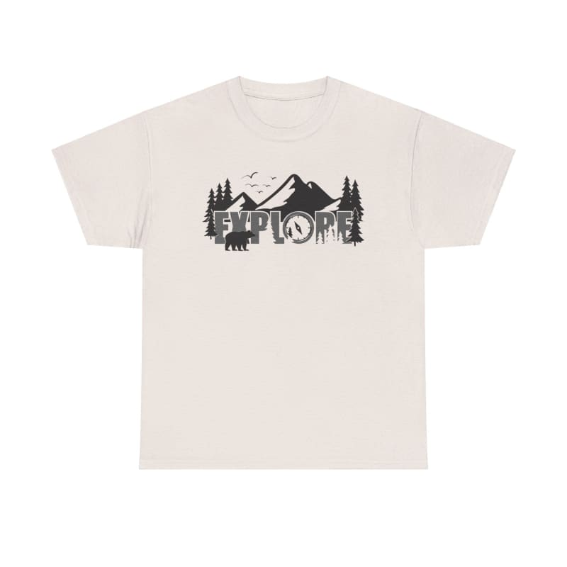 White t-shirt with a black mountain landscape and pine trees design.