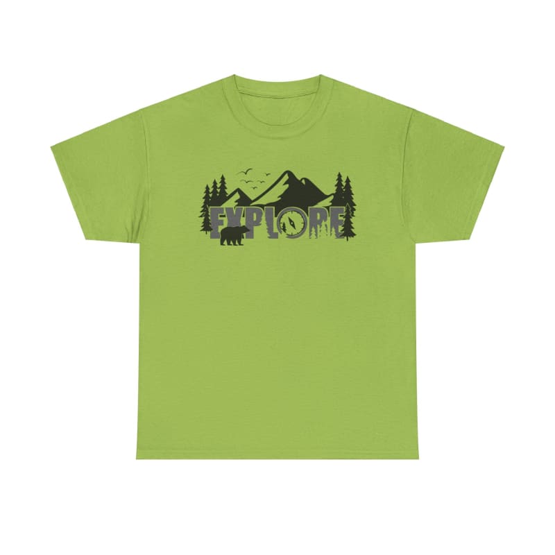 Lime green t-shirt featuring a mountain landscape design with trees and bears.