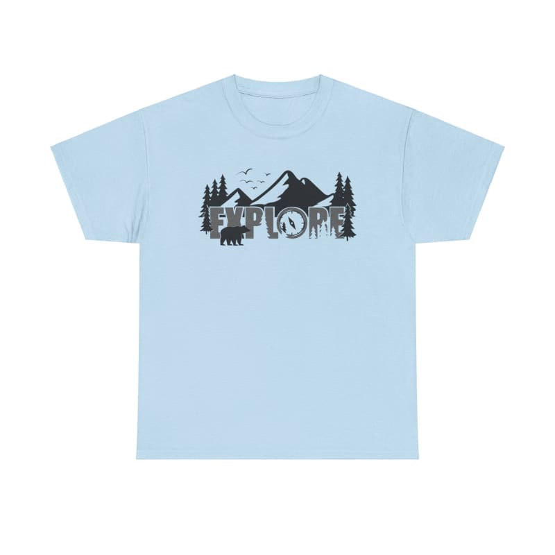 Light blue t-shirt with a mountain landscape and pine trees design printed in black.