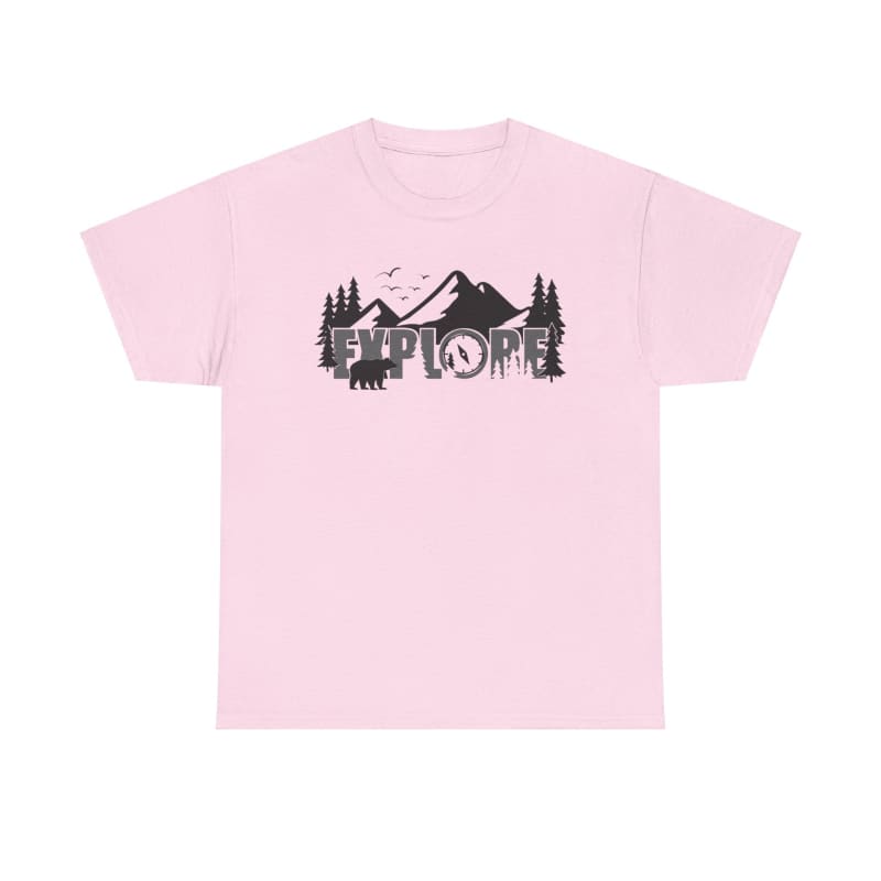 Pink t-shirt with a black mountain landscape design featuring pine trees and a house.