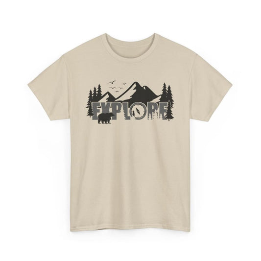 Beige t-shirt featuring a mountain landscape design with trees and wildlife silhouettes.