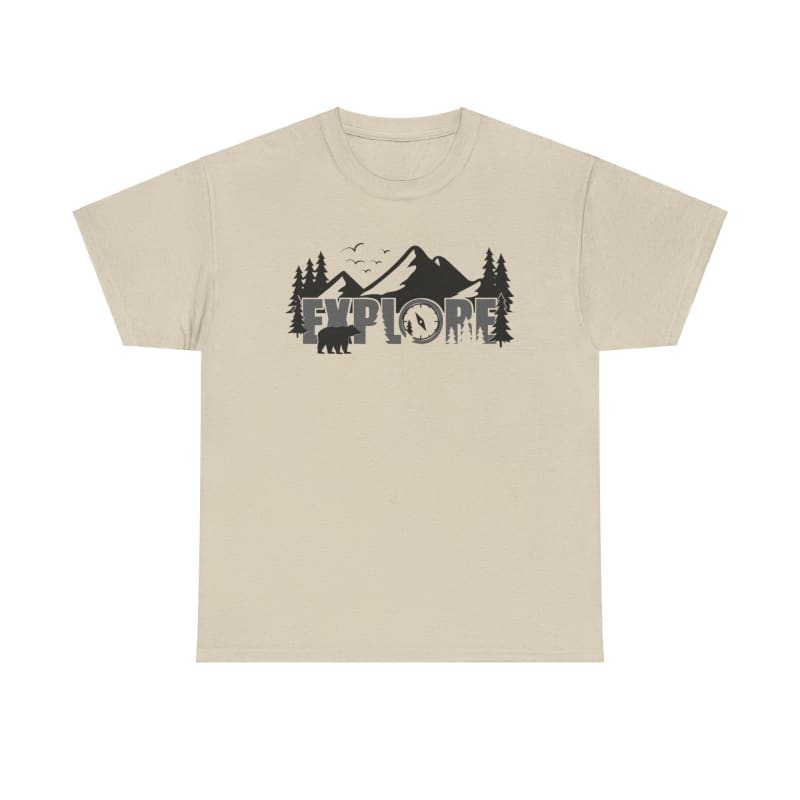 Beige t-shirt with a mountain landscape and pine trees design printed in black.