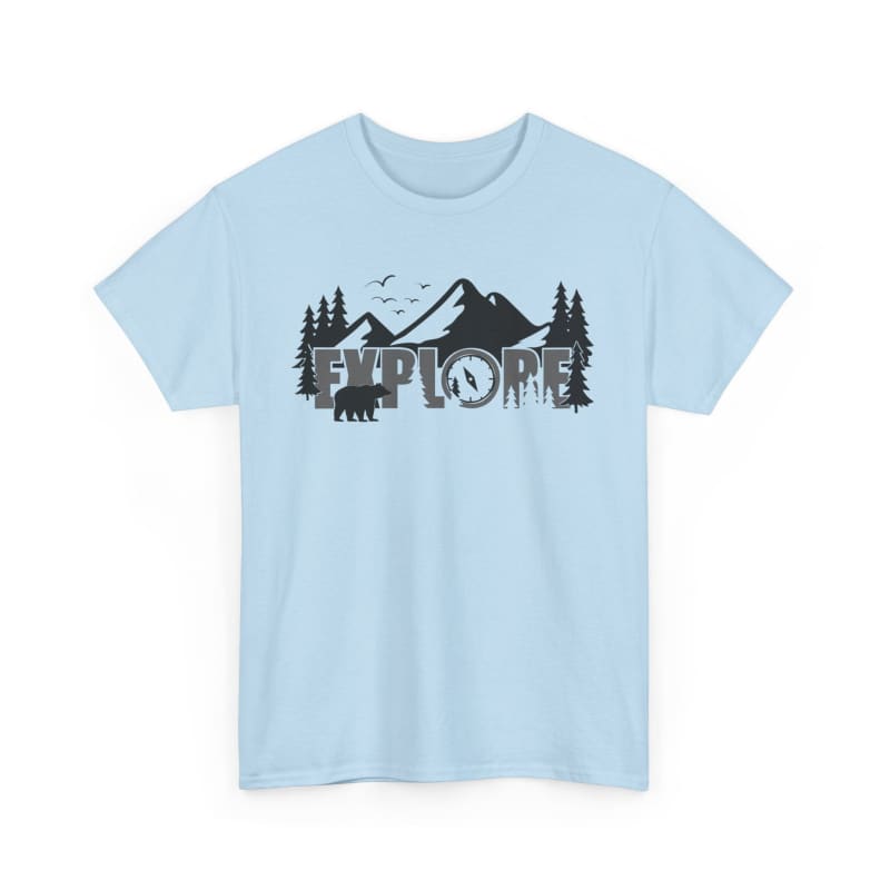 Light blue t-shirt featuring a mountain landscape design with trees and ’EXPLORE’ text.