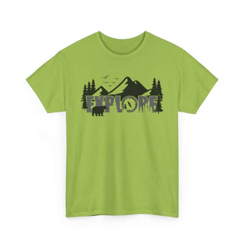 Lime green t-shirt with a mountain landscape and forest silhouette design.