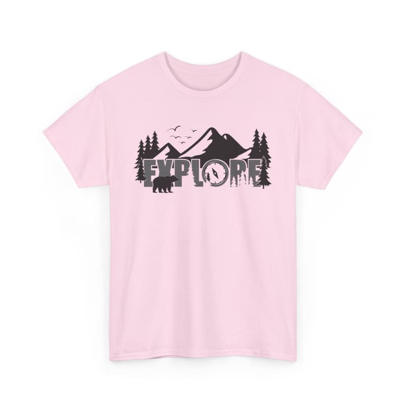 Pink t-shirt featuring a black mountain landscape design with trees and ’EXPLORE’ text.