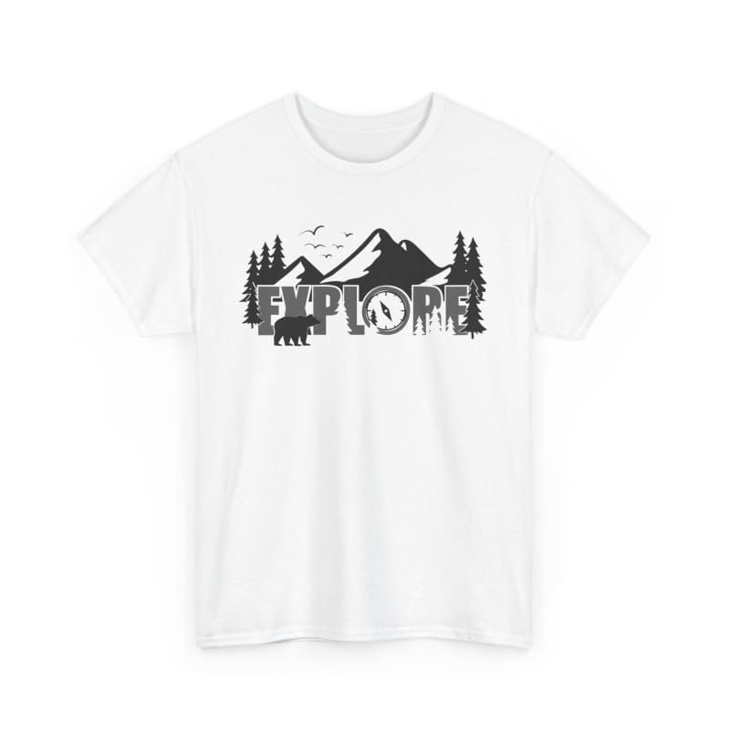 White t-shirt with a black mountain landscape and ’EXPLORE’ text design featuring pine trees.