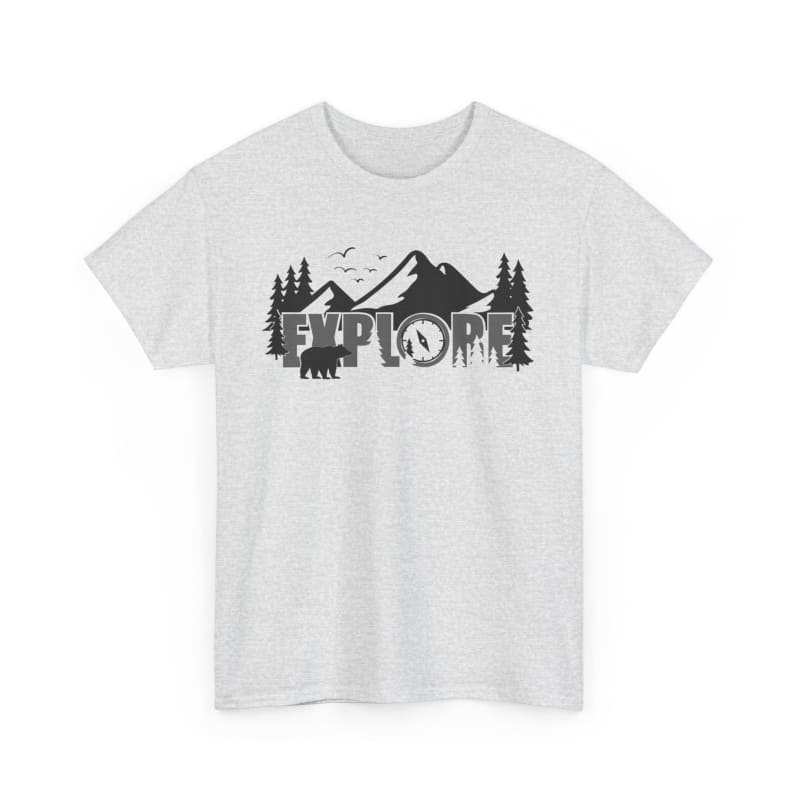 White t-shirt featuring a black mountain landscape design with ’EXPLORE’ text and pine trees.