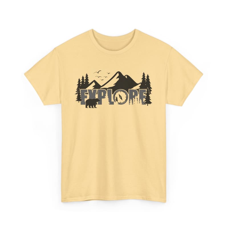 Yellow t-shirt with ’EXPLORE’ text and mountain landscape design.