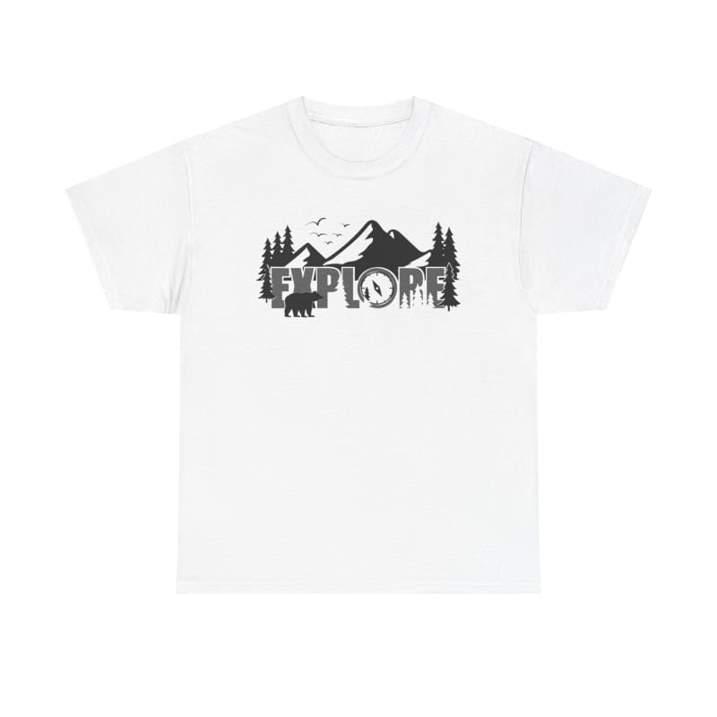 White t-shirt with a black mountain landscape and pine tree design.