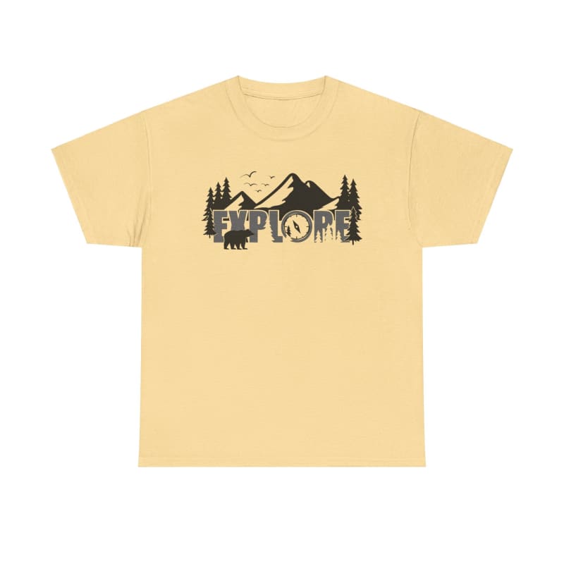 Light yellow t-shirt with a mountain landscape and pine trees design printed in black.