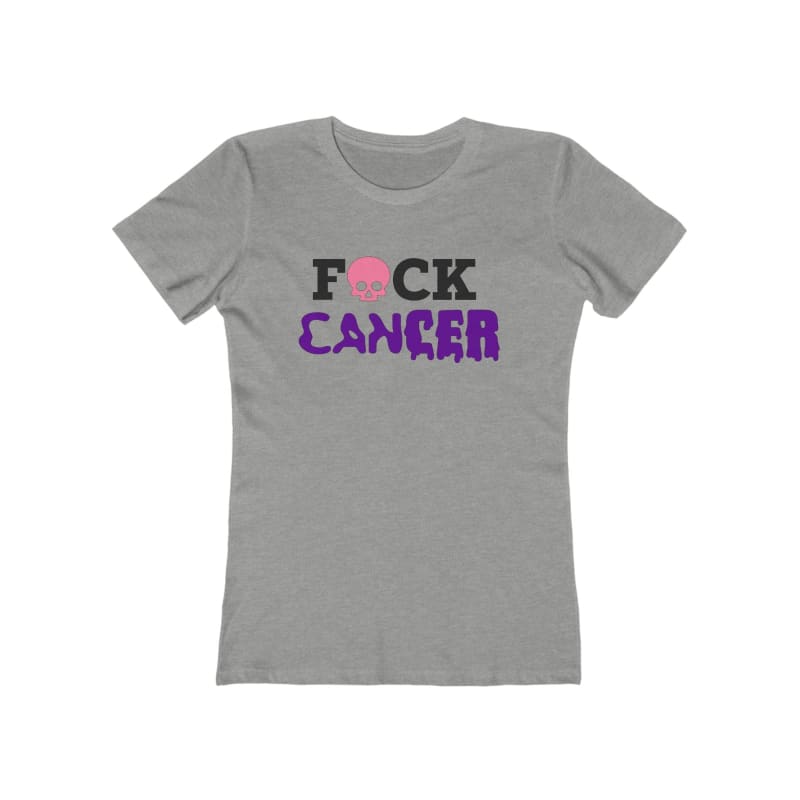 Grey t-shirt with ’F*CK CANCER’ text in black and purple lettering with a pink ribbon symbol.