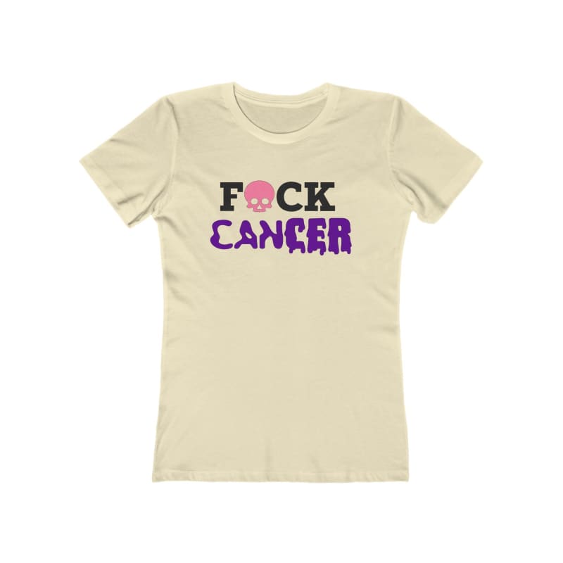 Cream-colored t-shirt with ’F*CK CANCER’ text and a pink skull design.