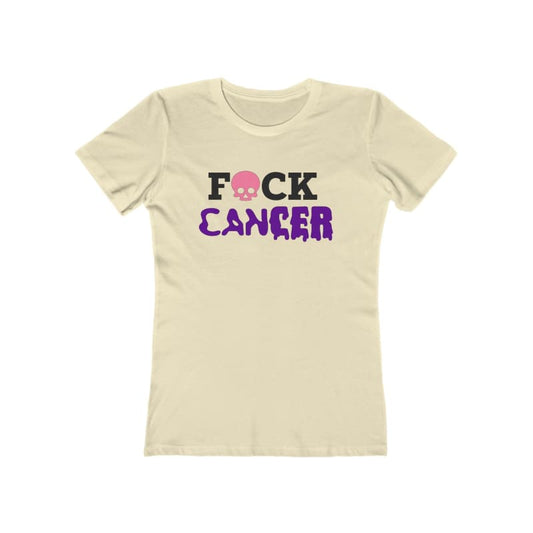 Cream-colored t-shirt with ’F*CK CANCER’ text and a pink skull design.