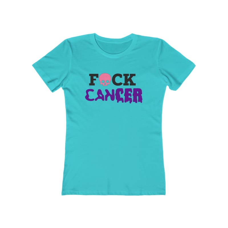 Teal t-shirt with ’F*CK CANCER’ text in black and purple letters with a pink ribbon symbol.