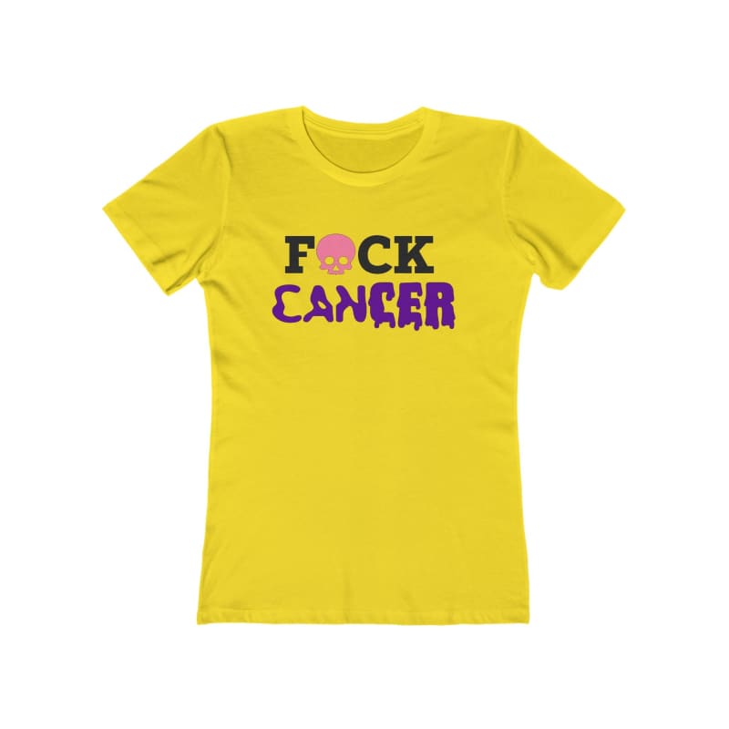 Yellow t-shirt with ’F*CK CANCER’ text in black and pink lettering.