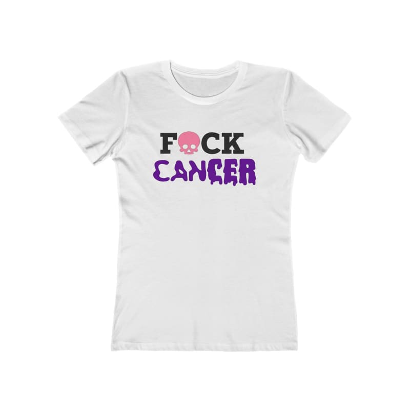 White t-shirt with ’F*CK CANCER’ text in black and purple letters with a pink skull.