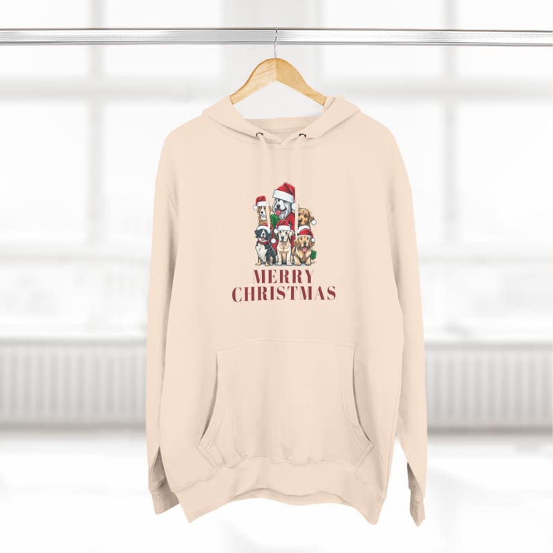 Beige hoodie sweatshirt with a Christmas-themed dog print and ’Merry Christmas’ text.