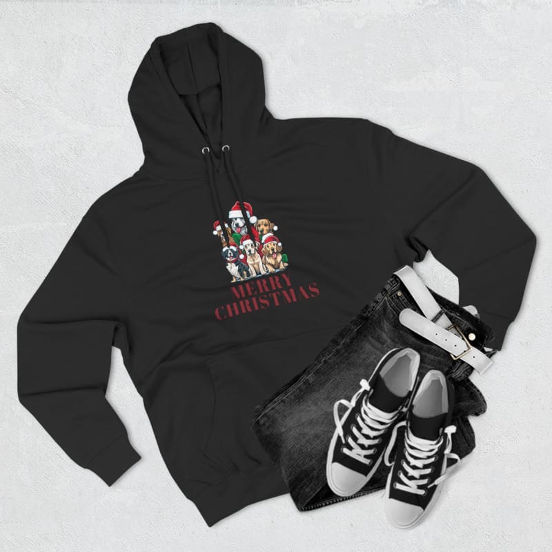 Black hoodie with a festive Christmas cartoon design on the front.