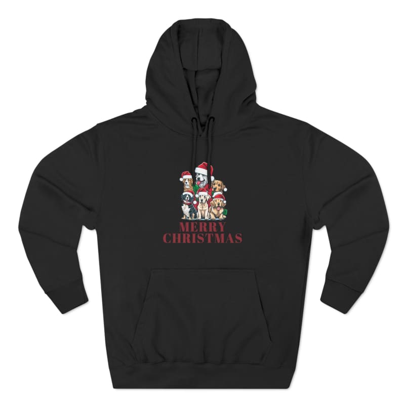 Black hoodie with a festive Christmas dog design printed on the front.