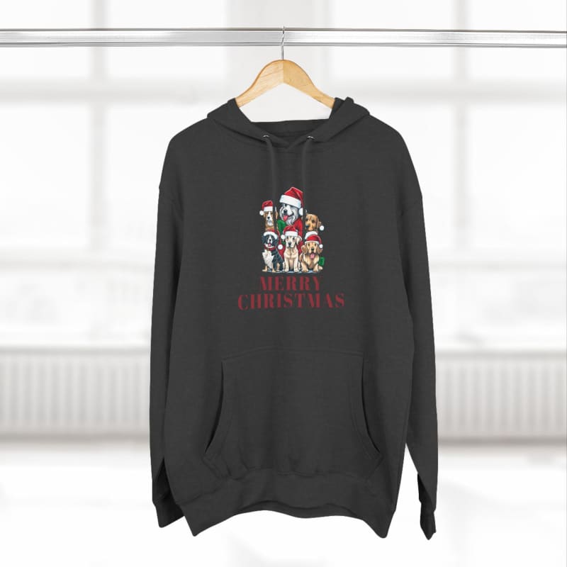 Black hoodie sweatshirt with a Christmas-themed dog design and text on the front.