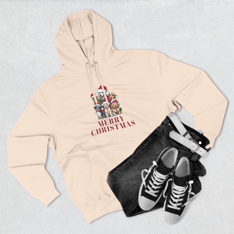 Cream-colored hoodie with a festive Christmas design on the front.