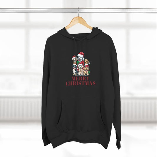 Black hoodie sweatshirt with a Christmas-themed cartoon dog design and text.