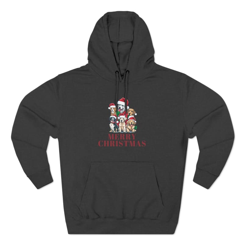 Black pullover hoodie with a festive Christmas dog design on the front.