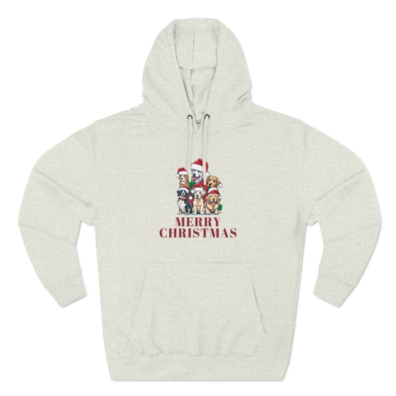 White hoodie sweatshirt with a festive ’Merry Christmas’ design featuring cartoon dogs wearing Santa hats.