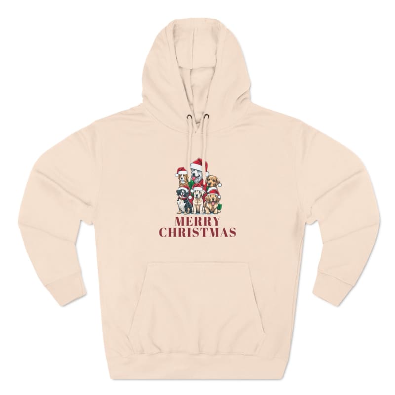 Cream-colored hoodie with a festive ’Merry Christmas’ design featuring cartoon characters.