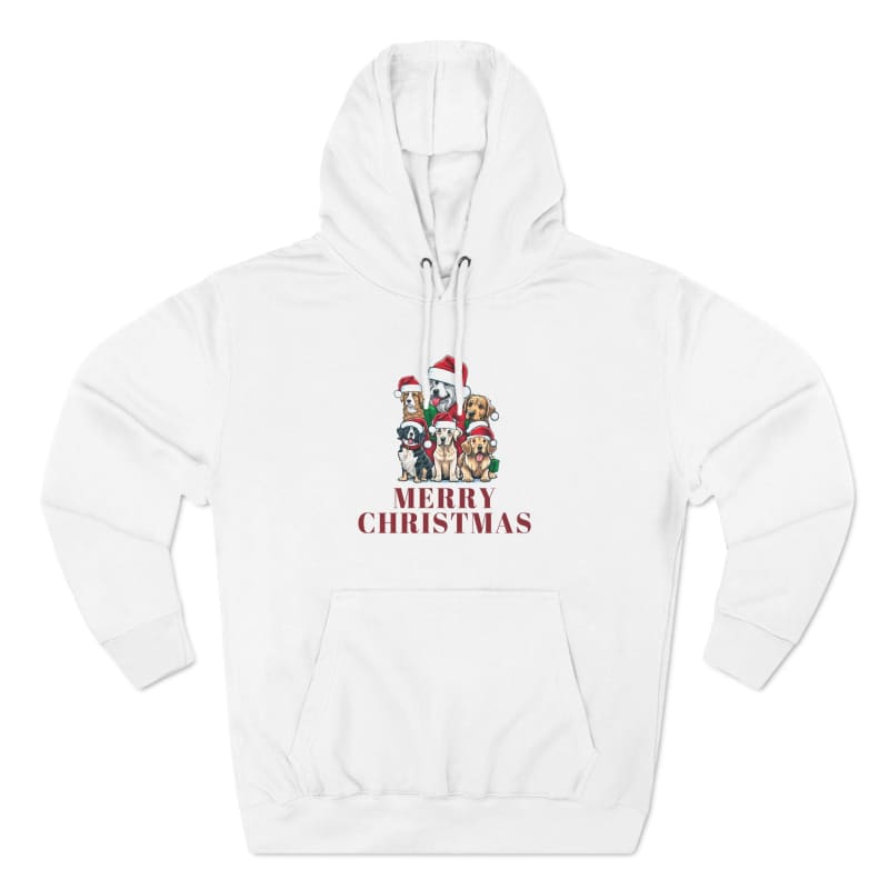 White hoodie sweatshirt with a festive ’Merry Christmas’ cartoon dog design on the front.