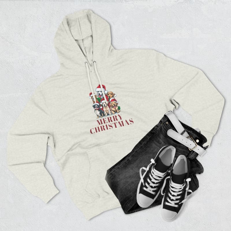 White hoodie with a festive ’Merry Christmas’ design featuring candy canes and holiday decorations.