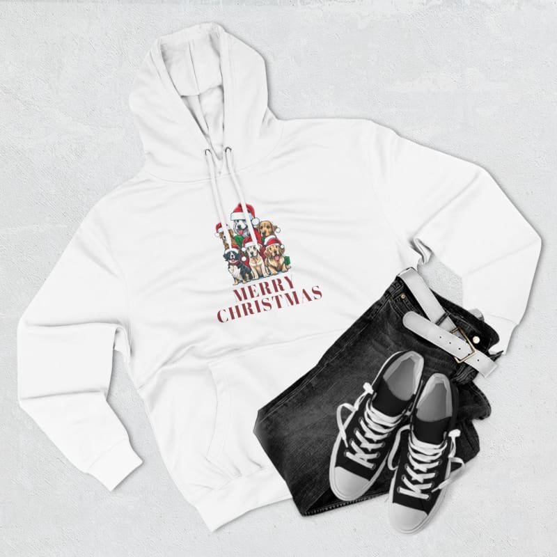 White hoodie with a festive ’Merry Christmas’ design featuring candy canes and holiday decorations.