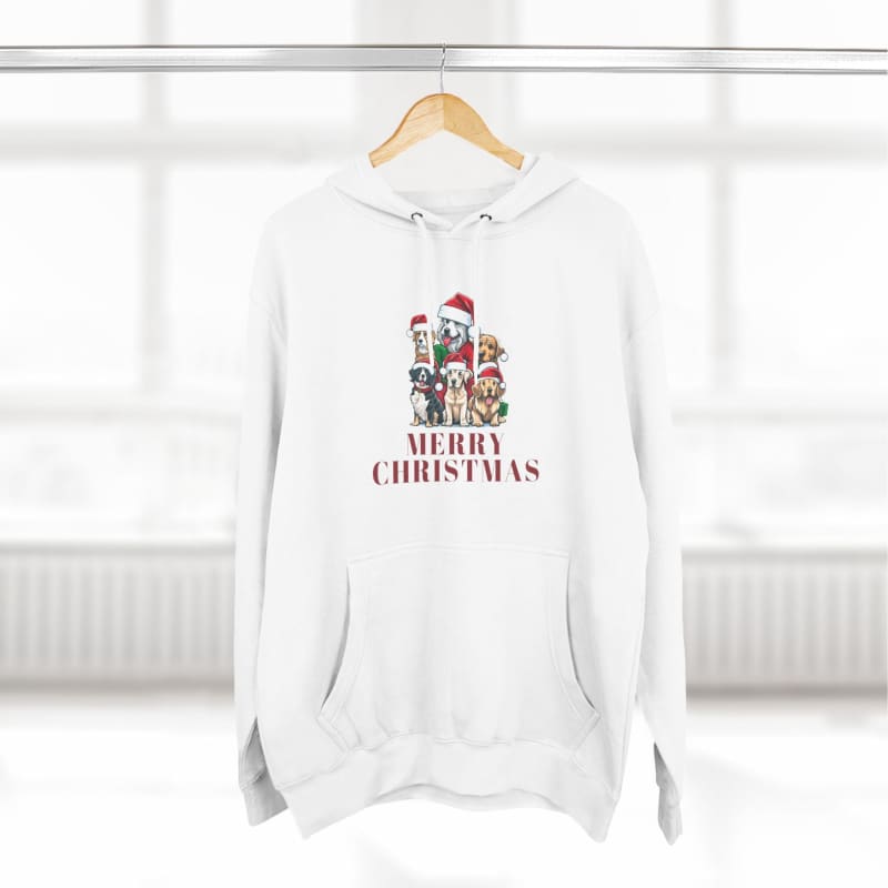 White hoodie sweatshirt with a festive ’Merry Christmas’ design featuring cartoon dogs wearing Santa hats.