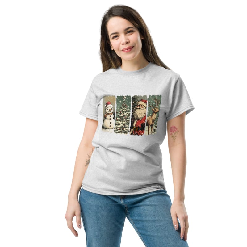 White t-shirt featuring a Christmas-themed graphic with four vertical panels showing holiday icons.