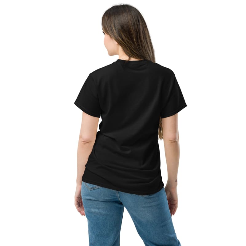 Black t-shirt worn by a person with long brown hair, viewed from behind.